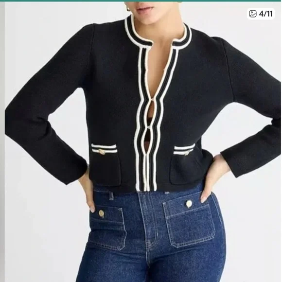 J. Crew Black  Emile Cardigan with Cream Trim and Gold Buttons L - Picture 4 of 8